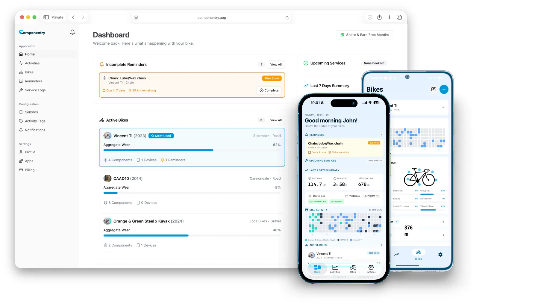 Componentry on desktop and phone: the dashboard with reminders, active bikes and component wear.