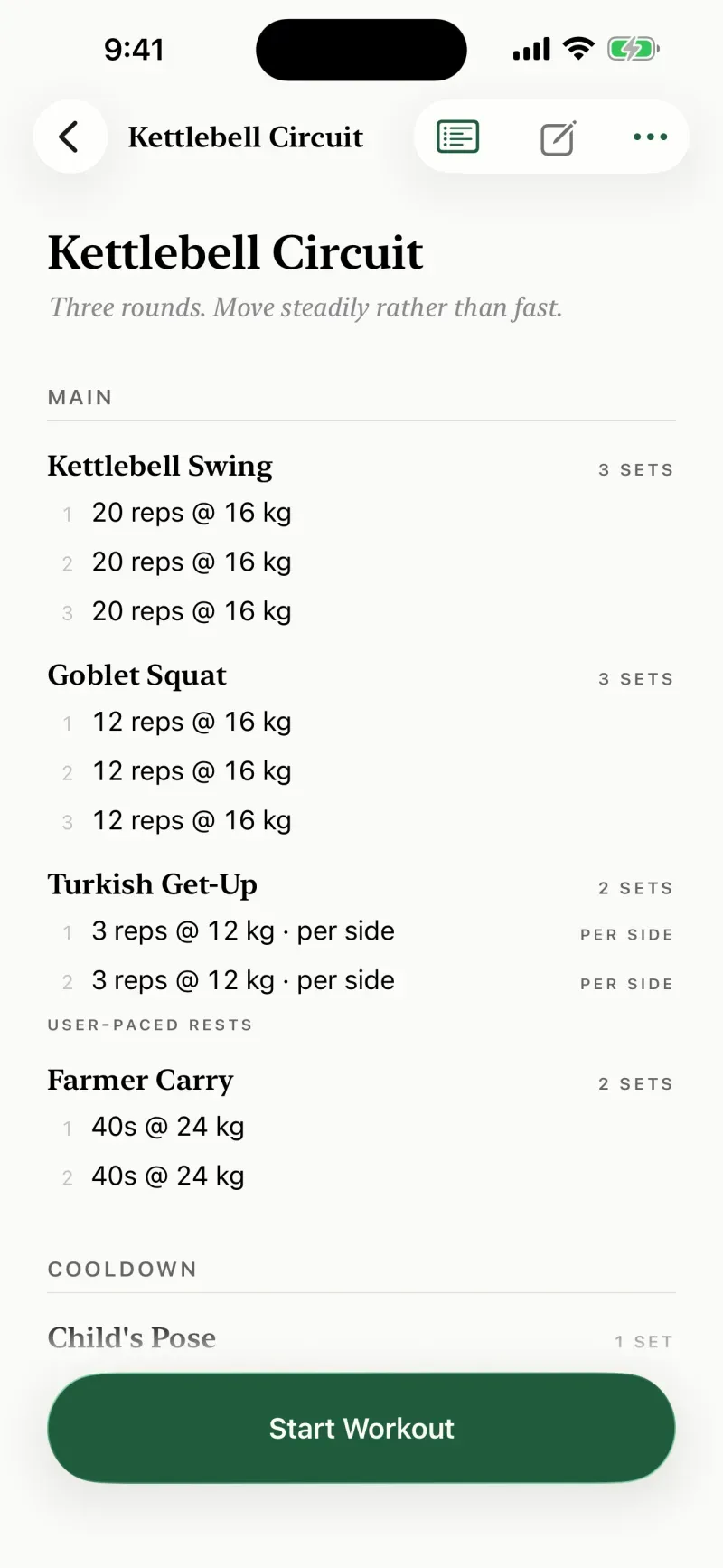 Simply Train workout preview: a kettlebell circuit written as a list of sets.