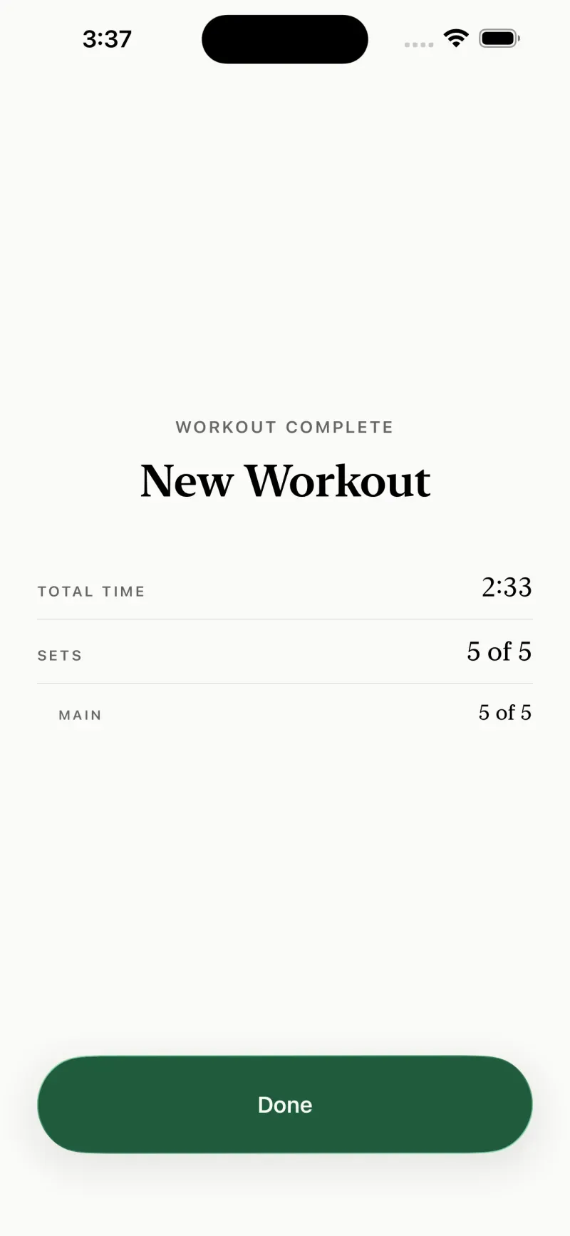 Simply Train workout summary: total time and sets completed.